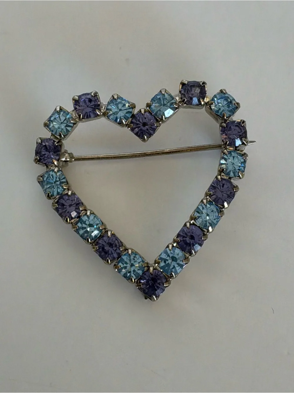 Vintage Open Heart Rhinestone Brooch Blue & Purple Crystal Silver Tone Pin